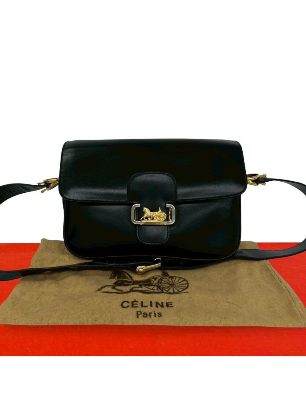 Celine Vintage Logo Carriage Leather Shoulder Bag Pochette Crossbody Black